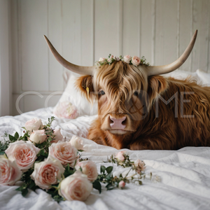 HCB006 "Buttercup" Miniature Highland Cow Laying in Bed Surrounded with Roses