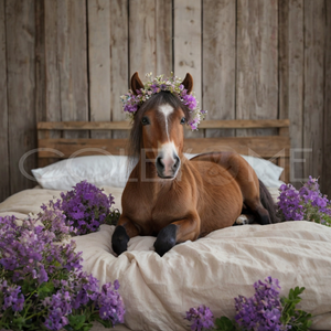 HOR002  "Fancy" Miniature Horse Laying in Bed Surrounded with  Purple  Flowers