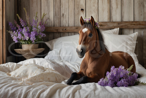 HOR006  "Wanda" Miniature Horse  Laying in Bed Surrounded with  Purple Flowers