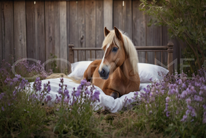 HOR007  "Penny" Miniature Horse  Wrapped up in a Comforter Surrounded with  Purple Flowers