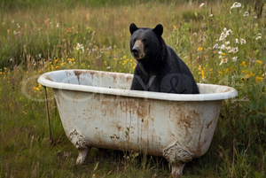 BIT012  "Fred" Bear in a Cast Iron Tub in a Field of Flowers