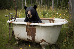 BIT014  "Arthur" Bear in a Cast Iron Tub in a Field of Flowers
