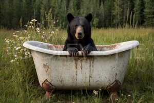 BIT017  "Nugget" Bear in a Cast Iron Tub in a Field of Flowers