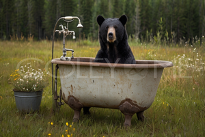 BIT019  "Valentine" Bear in a Cast Iron Tub in a Field of Flowers