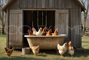 CIT001  Chickens Chillin' in Tub by Barn