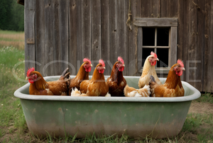 CIT004  Chickens Chillin' in Tub by Barn
