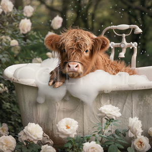 HCT007 "Gertie" Baby Miniature Highland Cow in a Tub of Bubbles