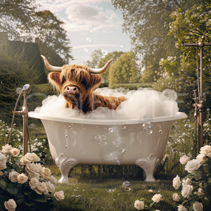 HCT010 "Penny" Miniature Highland Cow in a Tub of Bubbles