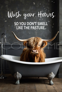 HTC012  "Millie" Miniature Highland Cow in Bear Claw Tub with Wash Your Hooves