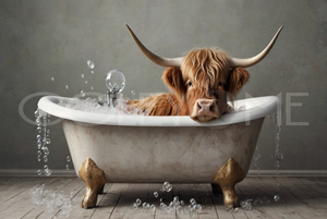 HCT016  "Teddy" Miniature Highland Cow Soaking in Tub