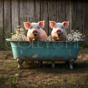 PIT008 Two Little Pigs Chillin' in a Rustic Blue Tub
