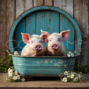 PIT010 Two Little Pigs Chillin' in a Rustic Blue Tub