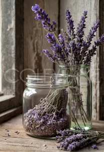 LAV022 Lovely Picture of Lavender  Flowers in Glass Jars