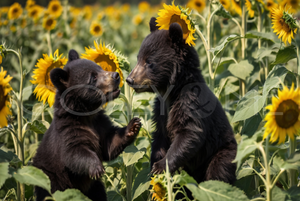 BEAR001 Bear Cubs Playing in a Sunflower Field
