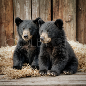 BEAR004  Two Baby Black Bears Cuddling in a Barn