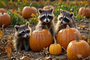 RAC005 Three Raccoons Pumpkin Patch