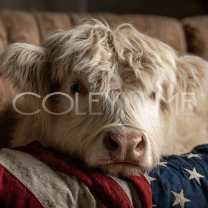 AME004 "Annabelle"  Highland Cow On Couch With American Flag