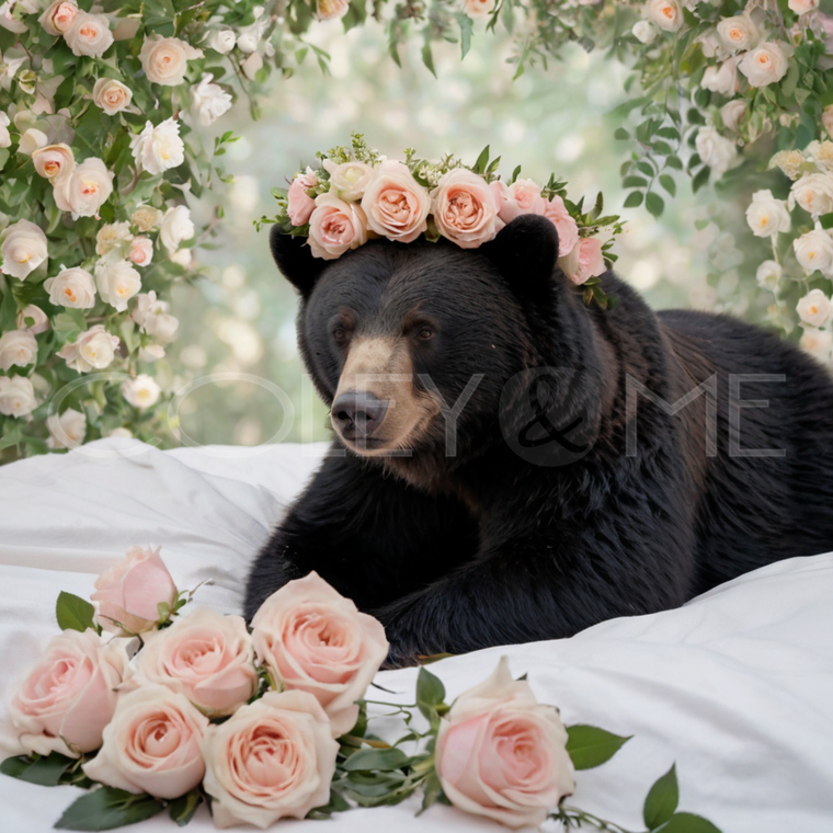 BIB009  "Rosie" Bear Laying in Bed Surrounded with Roses