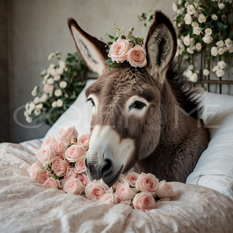 DIB003  "Mabel" Donkey Laying in Bed Surrounded with Roses