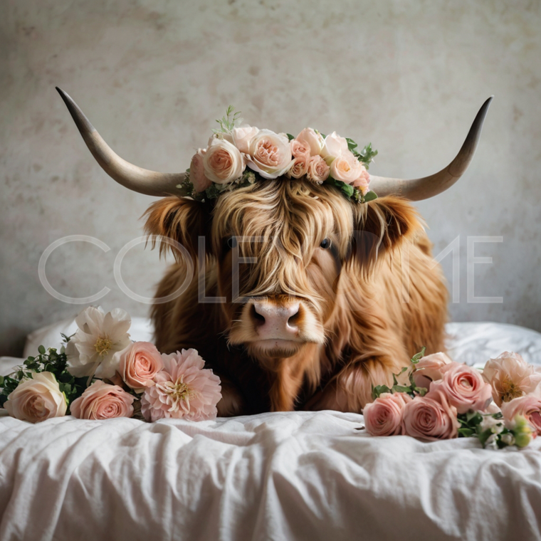 HCB001 "Daisy" Miniature Highland Cow Laying in Bed Surrounded with Roses
