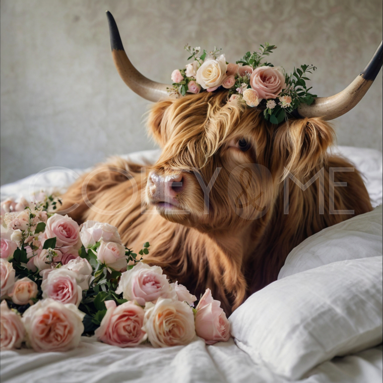 HCB002 "Rosie" Miniature Highland Cow Laying in Bed Surrounded with Roses