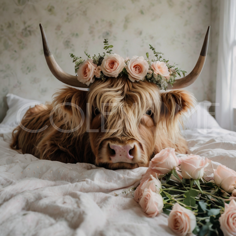 HCB004 "Annabelle" Miniature Highland Cow Laying in Bed Surrounded with Roses