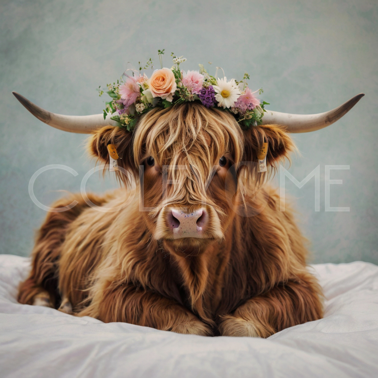 HCB007 "Clarabelle" Miniature Highland Cow Laying in Bed with Flower Crown on Head