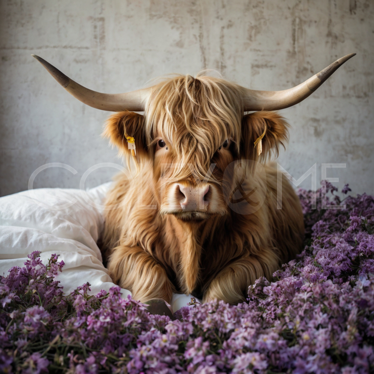HCB010  "Mabel" Miniature Highland Cow Laying in Bed Surrounded with  Purple Flowers