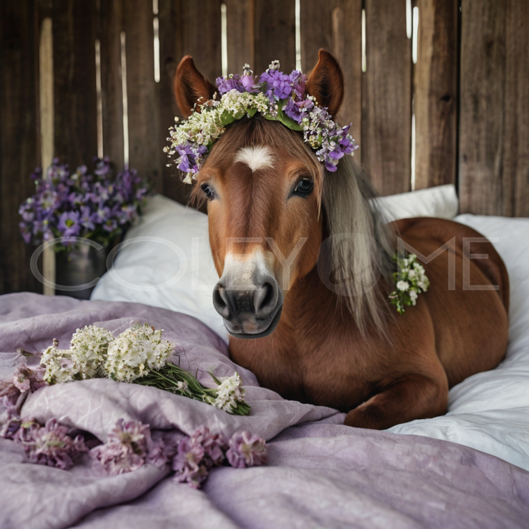 HOR001  "Willow" Miniature Horse Laying in Bed Surrounded with  Flowers