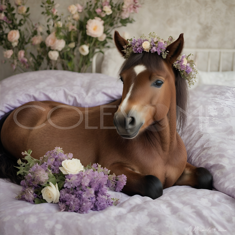 HOR004  "Annie" Miniature Horse Laying in Bed Surrounded with  Purple & Cream Flowers