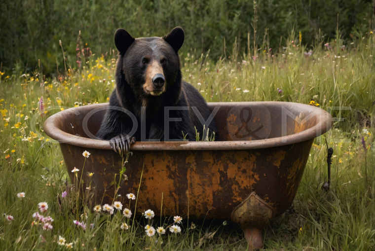 BIT009  "Oakley" Bear in Rusted Tub in Field of Flowers