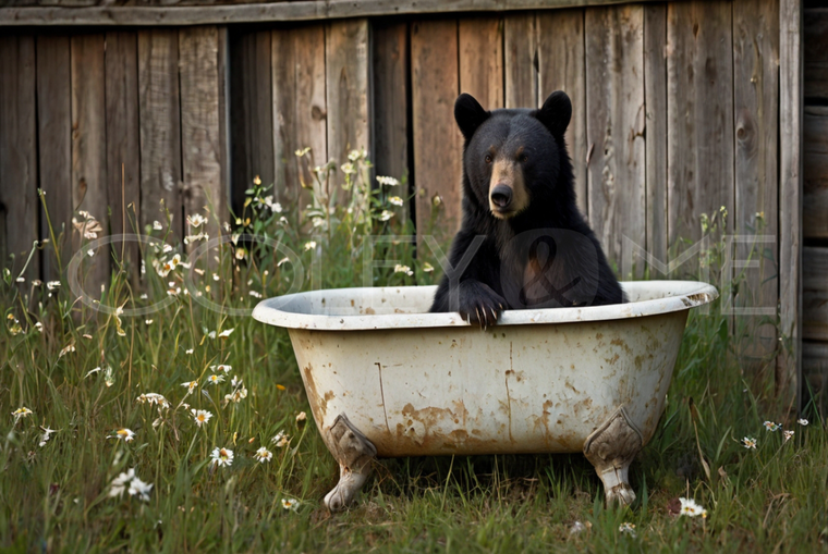 BIT010  "Mabel" Bear in a Cast Iron Tub in Front of Barn