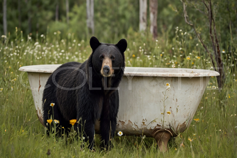 BIT013  "Oscar" Bear Chillin' by  Cast Iron Tub in a Field of Flowers
