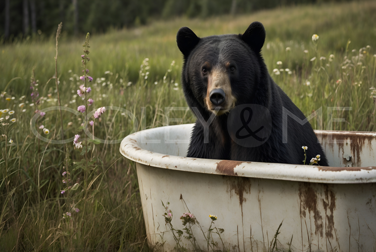 BIT015  "Bo" Bear in a Cast Iron Tub in a Field of Flowers