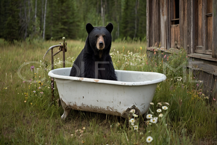 BIT018  "Trixie" Bear in a Cast Iron Tub by Barn