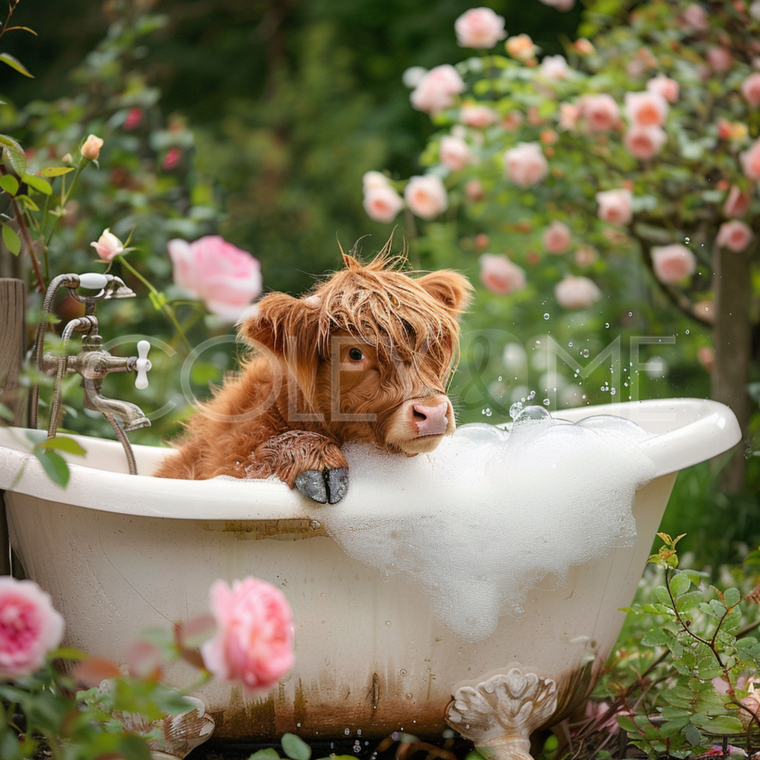 HCT003 "Annabelle" Baby Miniature Highland Cow in a Tub of Bubbles
