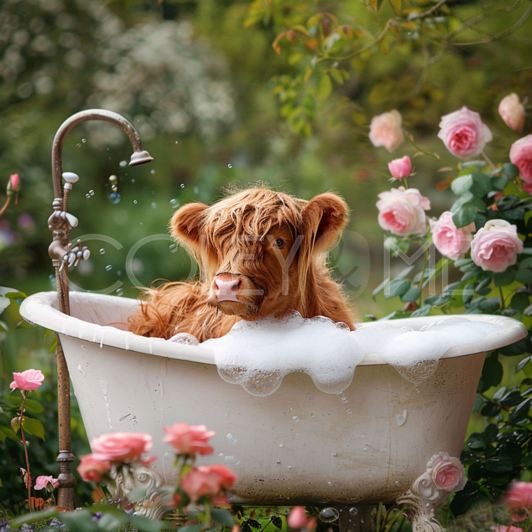 HCT004 "Ruby" Baby Miniature Highland Cow in a Tub of Bubbles