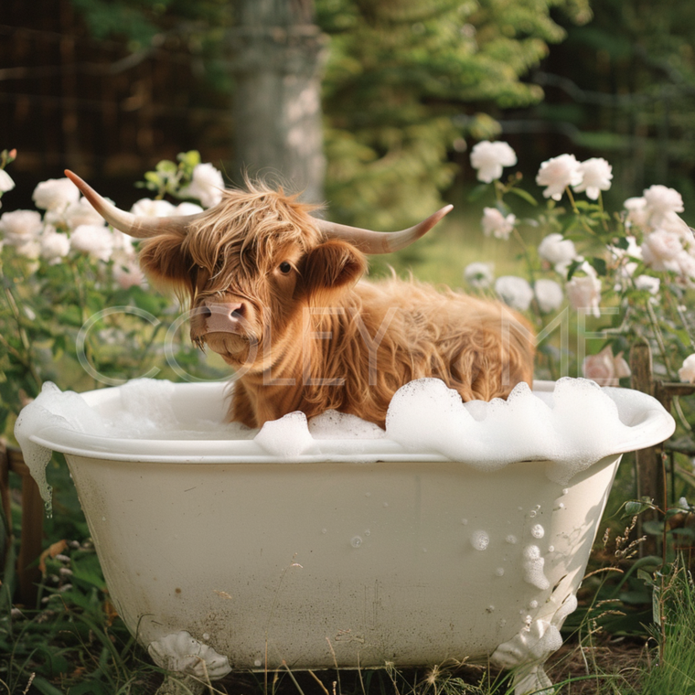 HCT008 "Tally" Miniature Highland Cow in a Tub of Bubbles