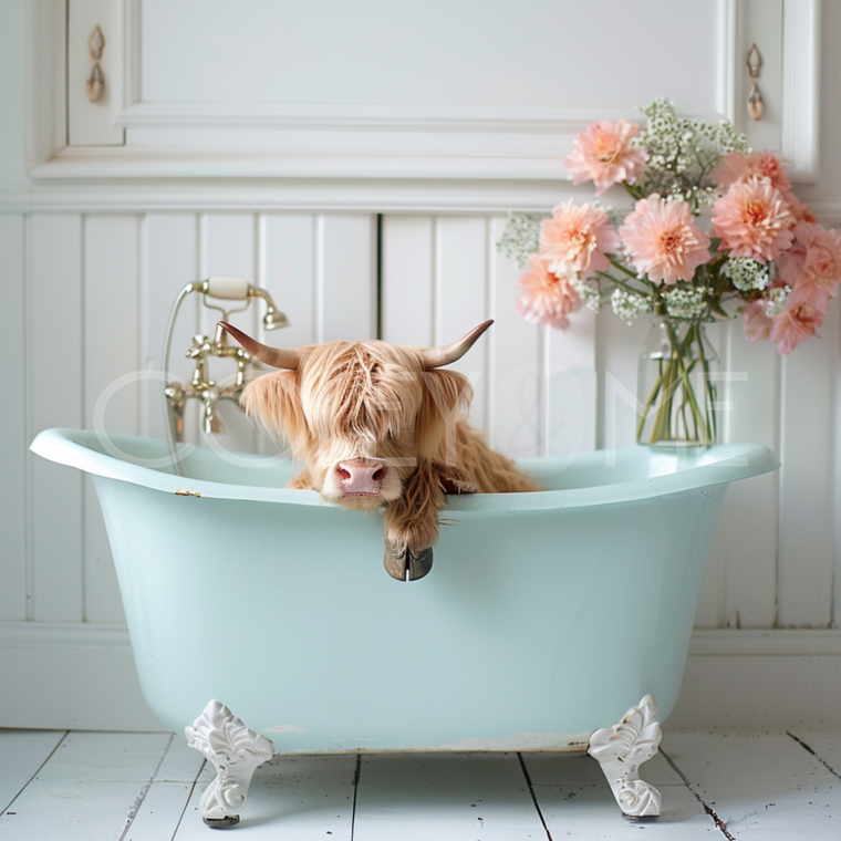 HCT006 "Peaches" Miniature Highland Cow in a Vintage Teal Bear Claw Tub