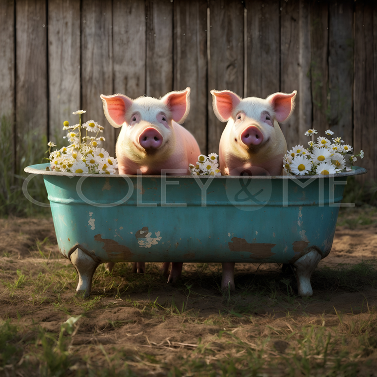 PIT008 Two Little Pigs Chillin' in a Rustic Blue Tub