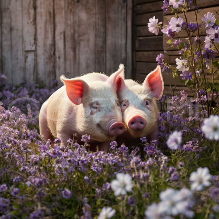 PIG004 Two Pigs Chillin' Outside a Barn in a Bed of Purple Flowers