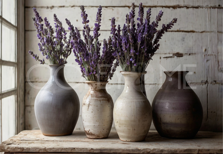 LAV005 Lovely Picture of Lavender  Flowers in Pottery Vases