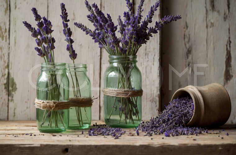 LAV010  Lovely Picture of Lavender  Flowers in Glass Jars