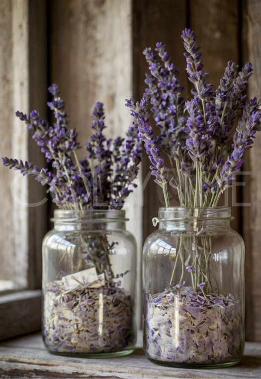 LAV014  Lovely Picture of Lavender  Flowers in Glass Jars