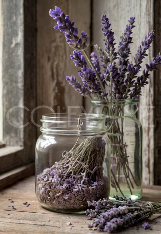 LAV022 Lovely Picture of Lavender  Flowers in Glass Jars