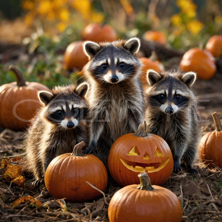 RAC003 Three Raccoons Pumpkin Patch