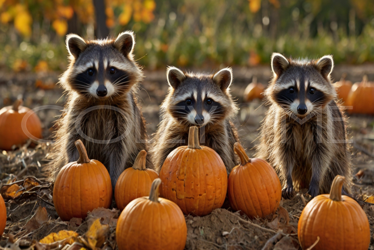 RAC004 Three Raccoons Pumpkin Patch