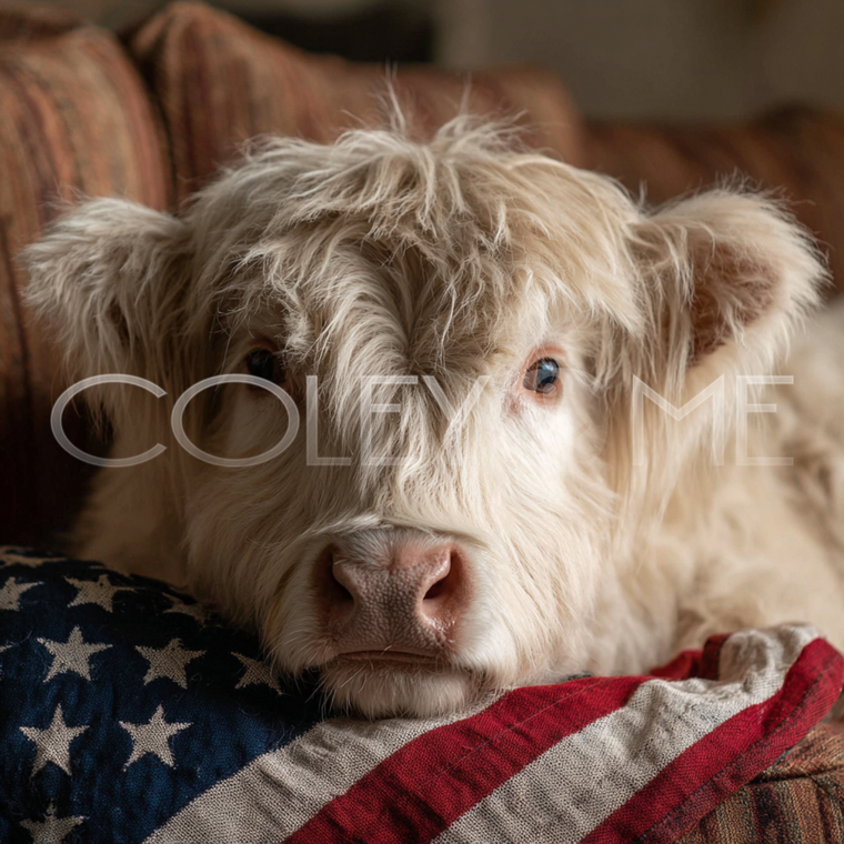 AME024 "Bianca" Highland Cow On Couch With American Flag