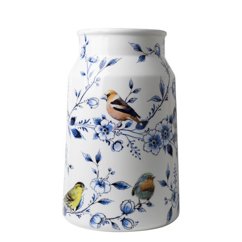 Keramieken melkbusvaas van 30 cm met bosvogels en bloemendecor