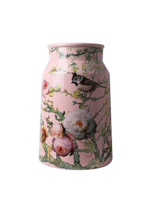 Roze melkbusvaas van keramiek (30 cm) met bosvogels en bloemen